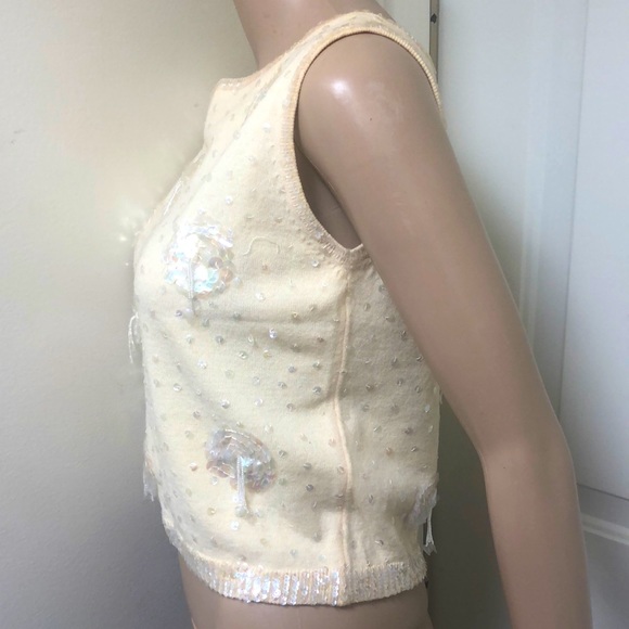 VTG 60s Vanilla Sleeveless Sequins Beaded Sweater Lined Wool Tassels Back Zip - Picture 3 of 9